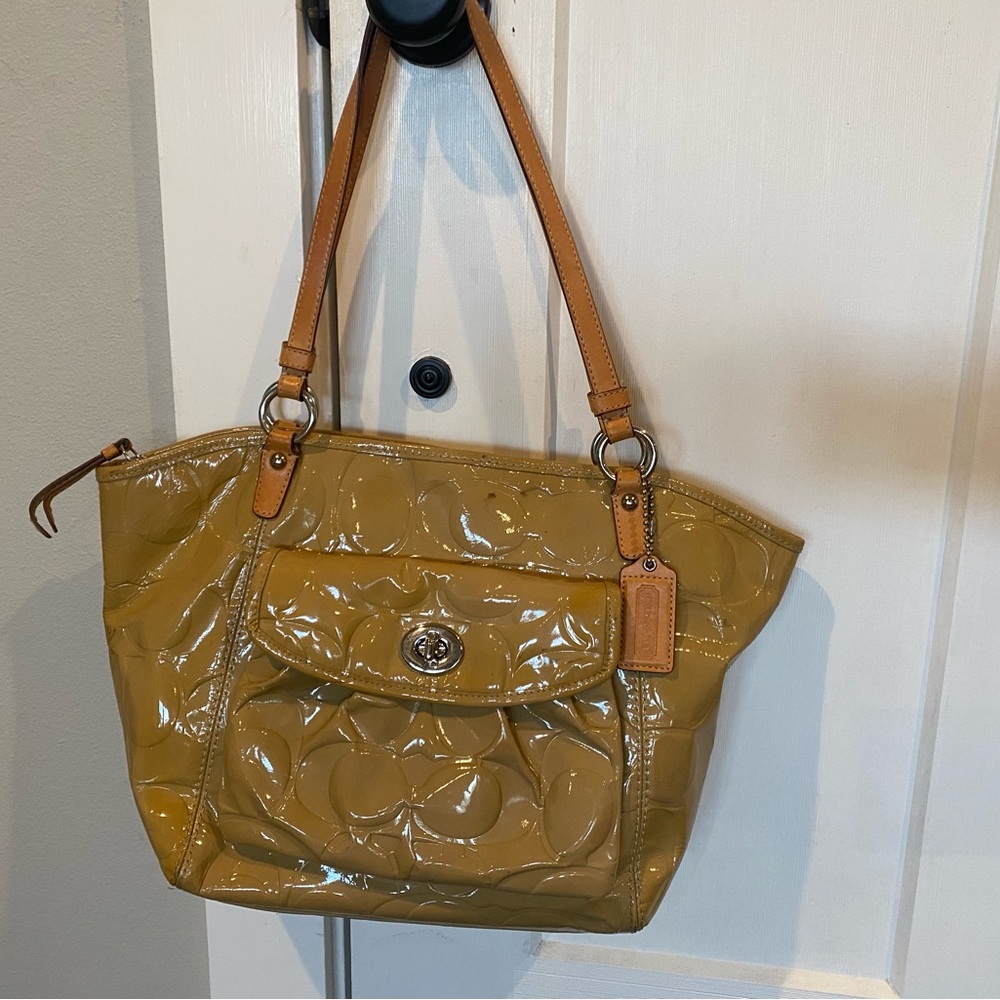 Coach Patent Leather Tote in Mustard/Golden with Tan Straps